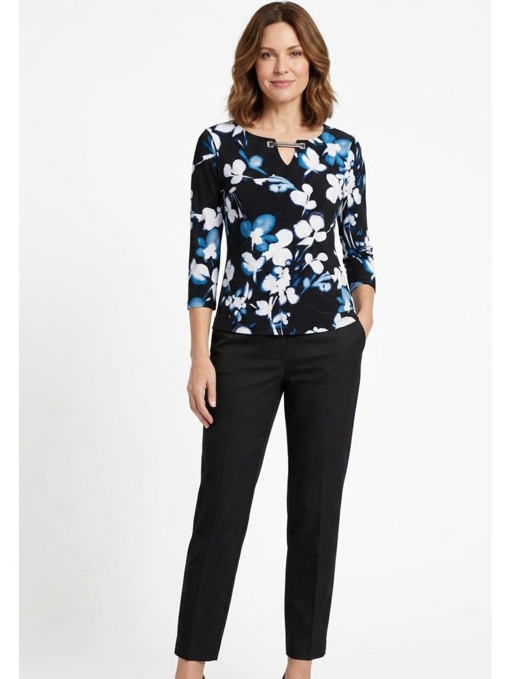 Calvin Klein Black Floral Career Top Size XS Corporate Chic Polished Edgy